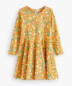 Frugi Organic Cotton Yellow Sofia Skater Dress - Floral