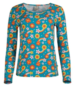 Frugi Teal Blue Organic Dahlias Long Sleeve Top