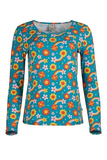 Frugi Teal Blue Organic Dahlias Long Sleeve Top 6 Frugi Teal Blue Organic Dahlias Long Sleeve Top - Image 4