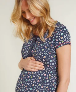 Frugi Navy Blue Organic Maternity And Nursing Nightie - Leopard