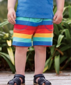 Frugi Red Organic Cotton Rainbow Stripe Jersey Shorts