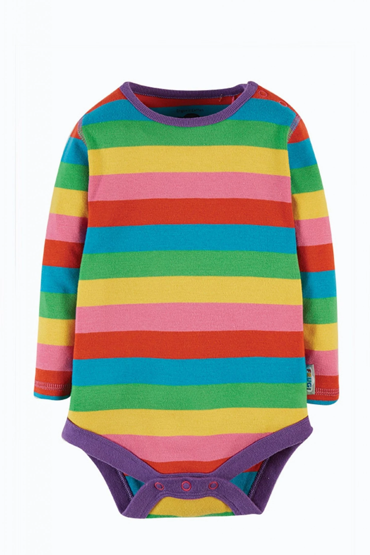 Frugi Pink Rainbow Stripe Organic Cotton Long Sleeve Bodysuit 3 Frugi Pink Rainbow Stripe Organic Cotton Long Sleeve Bodysuit